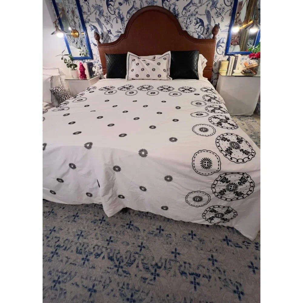 MARTHA STEWART King Size Duvet + 1 Sham Embroidered 100% Egyptian Cotton Black